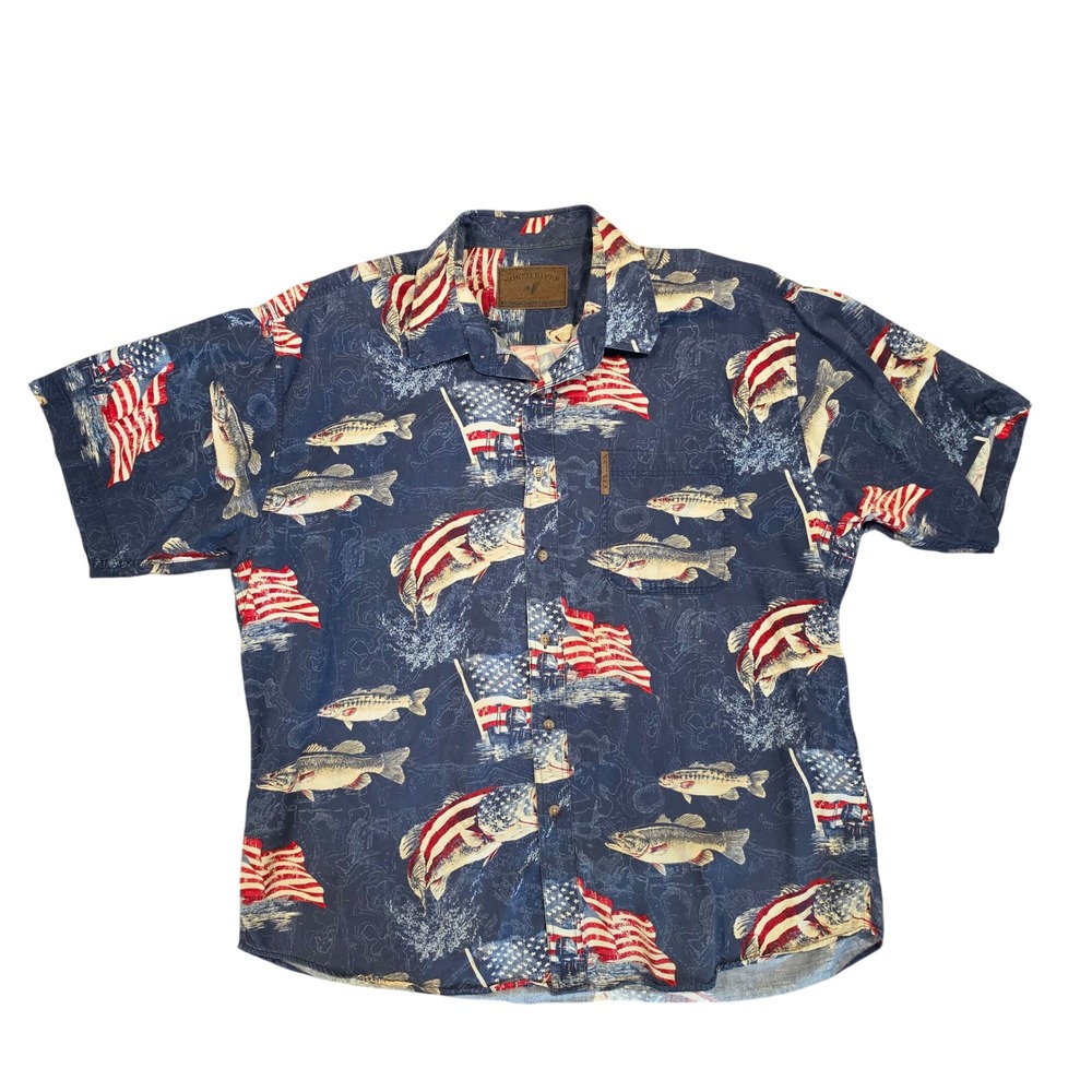 North River Mens XL Fishing Shirt American Flag Bass Fish Short Sleeve Cotton